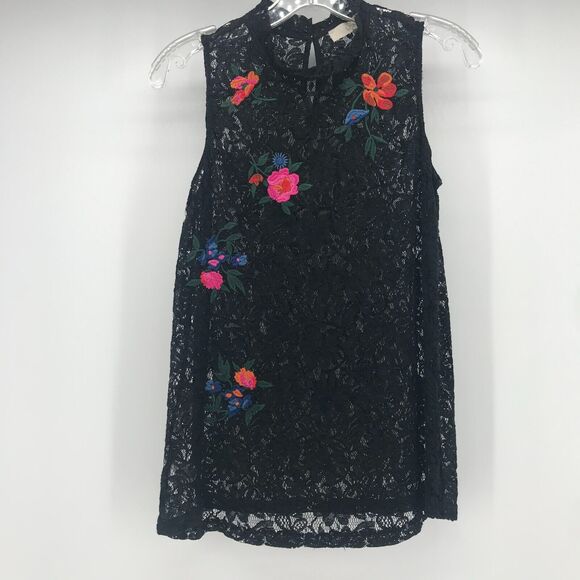 LOFT Top Womens Small Black Lace Embroidered Mock Neck Sleeveless Semi Sheer - Picture 1 of 11